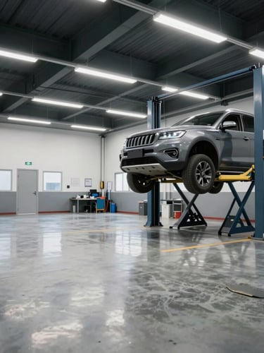 Wide panoramic shot of a clean, modern automotive service bay with a vehicle raised on a hydraulic lift, cool fluorescent lighting reflecting off polished concrete floors, right-aligned composition.