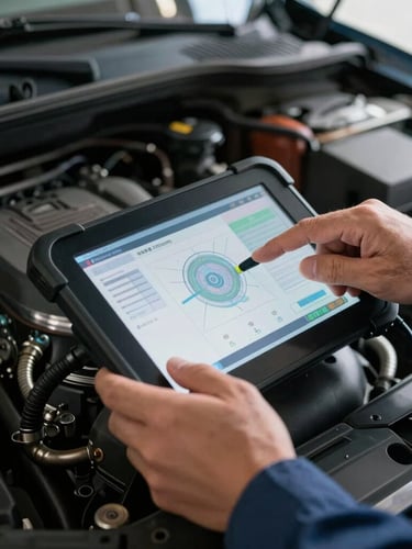 Close-up of a professional mechanic's hands using a digital diagnostic tablet inside a car's engine bay, cool daylight, highly detailed mechanical components