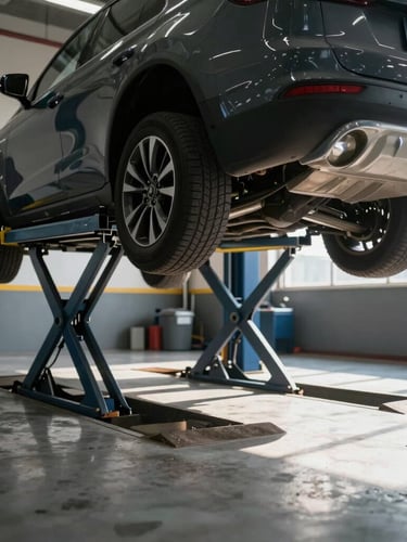 A clean, modern automotive service bay with a vehicle raised on a hydraulic lift, natural light spilling onto the polished concrete floor.