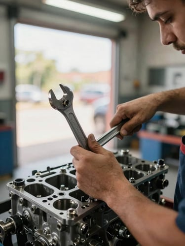 Close-up of a professional mechanic's hands using a wrench on an engine block, cool fluorescent shop lighting mixing with warm natural daylight from an open bay door.