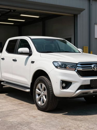 A clean, modern white pickup truck parked in front of an open workshop bay, natural daylight casting sharp shadows, professional automotive setting.