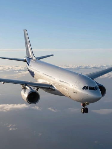 An Airbus A330 in clean high-altitude flight above a sea of clouds, crisp morning light, silver fuselage reflecting blue sky, professional aviation photography.