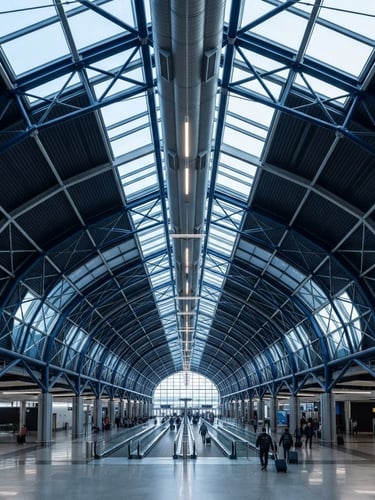 Wide-angle architectural symmetry of a modern airport terminal ceiling, clean steel and glass lines, cold morning light, deep navy tones