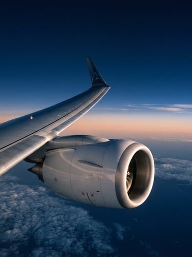 High-altitude wide-angle shot of a clean commercial aircraft wing and turbine in crisp morning light, deep navy sky, sharp focus, 35mm editorial.