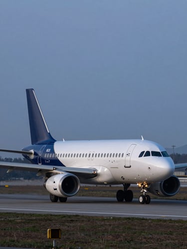 An Airbus A320 taxiing on a clean runway at dawn, sharp focus, cold blue hour lighting, minimal architectural background.