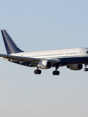 High-altitude commercial aircraft in clean flight, crisp morning light, silver and deep navy tones, sharp focus, editorial 35mm