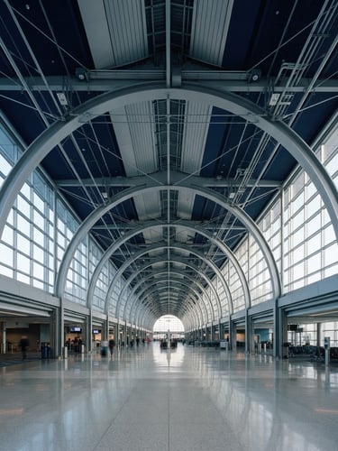 Symmetric architectural shot of a modern airport terminal ceiling with clean steel arches, cold crisp morning light, deep navy and silver tones, sharp focus, premium corporate aviation photography