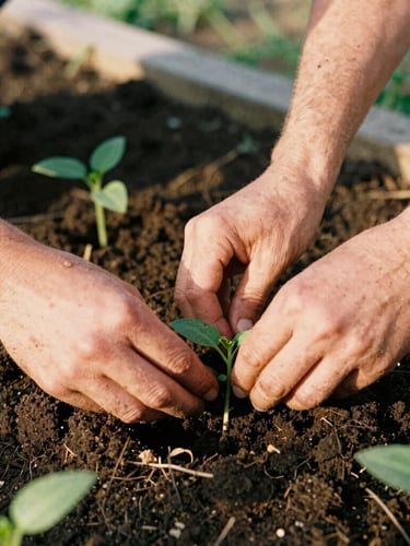 Candid close-up of hands working together in a community garden, planting green seedlings in rich dark soil under warm golden-hour daylight, 35mm film grain.