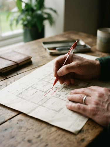 Macro detail shot of a physical property report on a rustic wooden desk, hands marking up a floor plan with a red pen, soft overcast daylight
