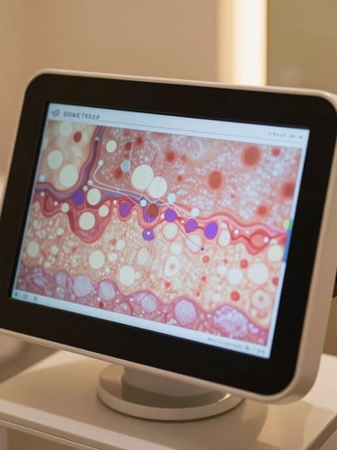 Close-up of a modern, premium skin analysis interface showing high-resolution dermal mapping on a screen, warm gold and soft plum lighting, clinical yet luxurious atmosphere.