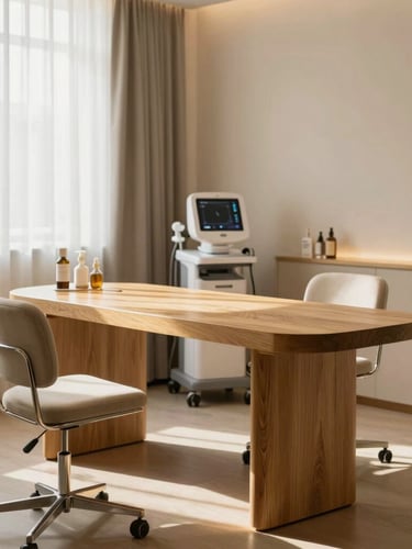 A quiet, premium consultation room in Singapore filled with soft morning light, featuring warm gold accents, minimalist oak furniture, and a clinical skin analysis interface visible in the background.