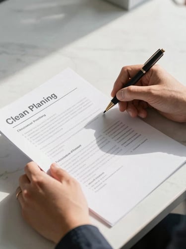 Hands of a professional reviewing clean financial planning documents on a marble desk, warm afternoon sunlight, minimalist and premium aesthetic.