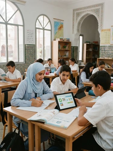 Bright Moroccan classroom with natural daylight filtering through large windows, students engaged with tablets and books, clean academic setting, 35mm photography