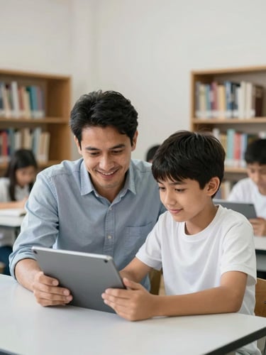 A warm indoor library setting where an adult and a student are looking at a tablet together, smiling naturally, soft daylight, authentic Moroccan educational setting, 35mm