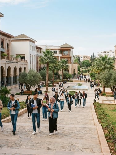 Wide shot of a modern Moroccan university campus courtyard with students walking, bright natural daylight, clean academic architecture, 35mm photography