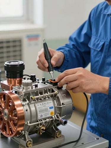 Close-up of a certified technician in a clean blue uniform using professional diagnostic tools on a modern copper AC compressor, bright natural indoor lighting