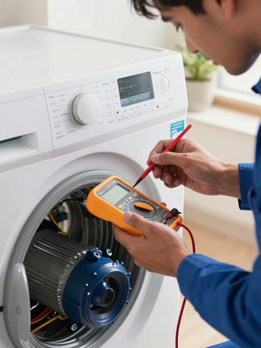 Close-up of a professional technician wearing a blue uniform, using a digital multimeter to test the electrical wiring of a modern washing machine motor, bright natural light, clean Noida apartment setting.
