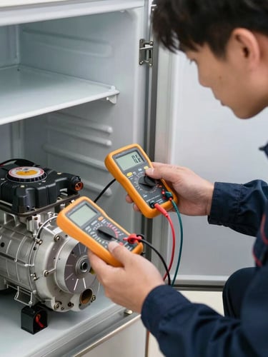 A certified technician in a clean navy uniform diagnostic-testing a double-door refrigerator compressor with a digital multimeter, close-up on hands and technical components, bright natural light.
