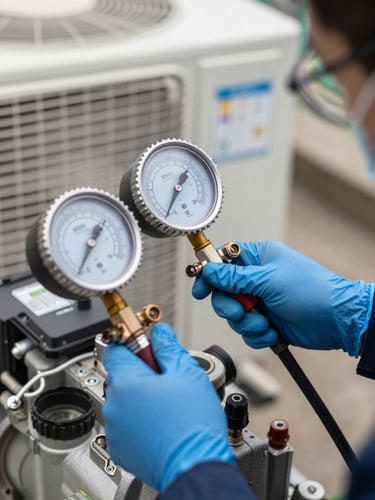 Close-up of a technician's hands in blue gloves using a digital manifold gauge to check refrigerant pressure on an outdoor AC compressor unit.