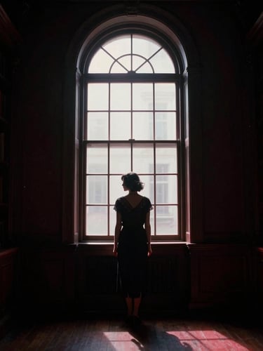 moody 1920s cinematic photography, deep chiaroscuro shadows, rich crimson highlights, 35mm film. A silhouetted figure standing near a tall arched window in an elegant, dimly lit library.