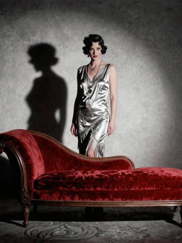 Moody 1920s cinematic photography, deep chiaroscuro shadows, a silhouetted elegant trans Mistress standing by a vintage velvet chaise, desaturated silver and crimson tones, 35mm film.