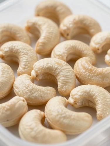 Macro close-up of raw cashew nuts inside a laboratory testing tray under bright neutral daylight, high detail