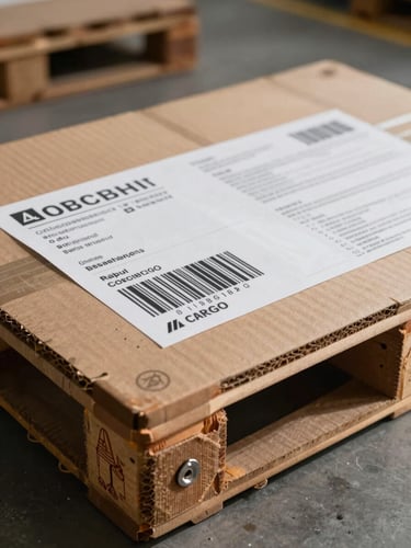 Extreme close-up of an airfreight cargo label on a sealed cardboard pallet, hard studio strobe lighting casting sharp shadows, barcode and destination airport code in crisp focus, stainless steel pallet clip visible at the lower edge, no faces or people, industrial terminal floor out of focus in background