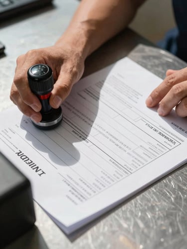 Extreme close-up of a customs officer's hands stamping an official shipping document on a steel-surface desk, hard direct daylight from the left casting sharp shadows across the form, customs seal and printed tariff codes sharply in focus, geometric document edges filling the frame