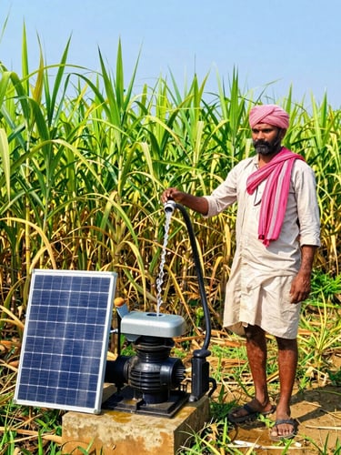 A proud Indian farmer standing in his vibrant green sugarcane field next to a robust solar water pump, bright midday sun, water flowing, realistic 35mm lens.