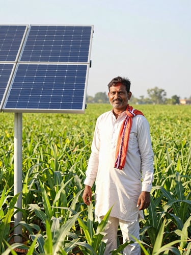 A proud Indian farmer standing in a lush green crop field next to a high-efficiency solar panel, bright direct midday sunlight, realistic agricultural photography, 35mm lens.