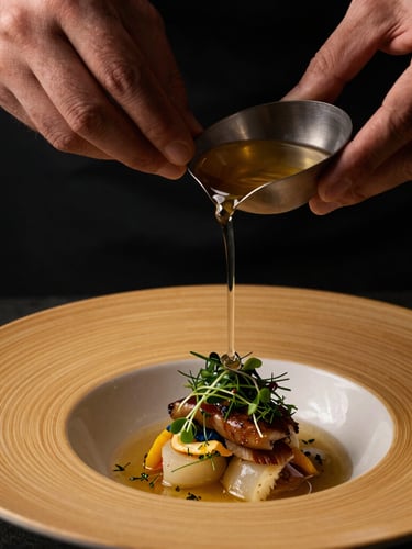 Close-up of chef's hands pouring a crystal-clear, golden broth over a beautifully arranged dish with micro-herbs, warm side-lighting, textured bamboo tableware, shallow depth of field.