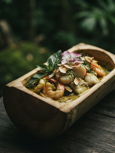 Moody editorial food photography, dramatic side-lighting on an elegant dish served in a hollowed bamboo stem, deep forest green background, shallow depth of field, 50mm lens