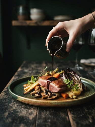 Moody editorial food photography, dramatic side-lighting, a delicate hand pouring reduction sauce onto an artfully plated dish with bamboo textures, shallow depth of field.