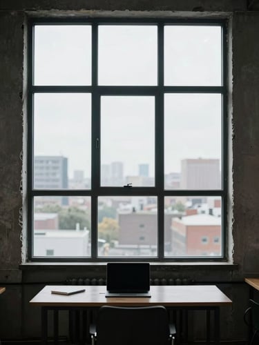 Panoramic view through a coworking space's large industrial window, camera positioned just inside looking outward, a single desk with a laptop and notepad in the foreground silhouetted against cool midday city light, concrete window reveal framing the shot, no people visible