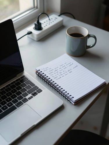 Close-up of a single desk surface: open laptop, a spiral-bound notepad with handwritten notes, a ceramic mug, and a power strip with cables, shot under natural window light from above-left, cool daylight, no staging, concrete floor visible at the desk edge