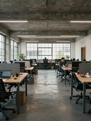 Wide environmental shot of an open-plan coworking floor, exposed concrete ceiling, rows of desks with laptops and personal items visible, large industrial windows letting in cool midday daylight, two people seated working independently, shot from the far end of the room to show full depth