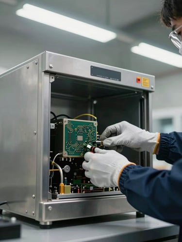 Close-up of a technician's gloved hands adjusting internal components of an open metal detector unit on a workshop bench, bright overhead fluorescent lighting, stainless steel casing and circuit components visible, clean industrial repair environment, no face visible