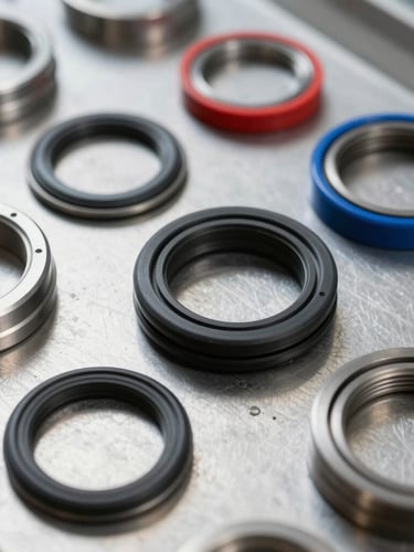 Close-up of industrial mechanical seals and black rubber O-rings on a clean steel plate, crisp daylight, metallic reflections, precision engineering
