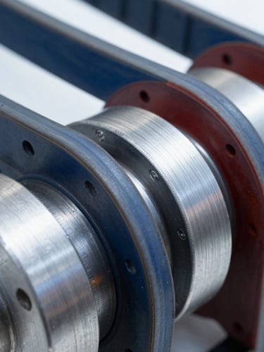 Close-up of industrial rubber V-belts aligned on steel pulleys, sharp focus, metallic textures, clean industrial setting