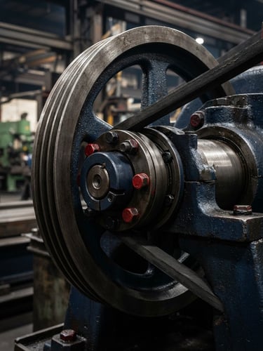 Macro photograph of a heavy-duty industrial V-belt pulley mechanism, high-contrast studio lighting, deep navy and crimson accents, crisp metallic textures