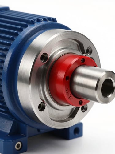 High-precision flexible shaft coupling mounted on an electric motor, studio lighting, crisp metal details, red accent highlights