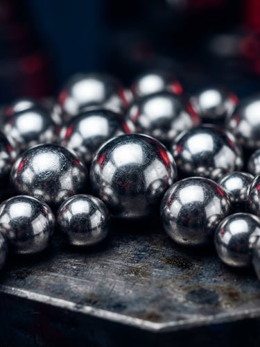 Macro studio photography of pristine industrial chrome steel ball bearings, high-contrast lighting, metallic textures, deep navy background, sharp depth of field