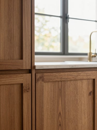 A bright, modern integrated kitchen with warm walnut wood cabinets, seamless built-in handles, natural light streaming from a large window, detailed close-up of a wood joint, 35mm lens, warm editorial photography