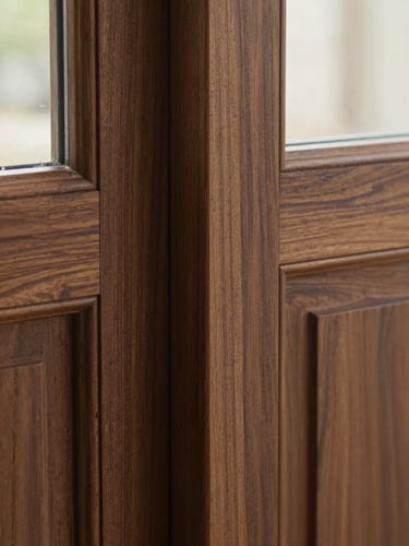 Close-up of a perfectly aligned wood joint in dark walnut, soft natural window light, showing the rich grain texture and flawless finish, 35mm lens