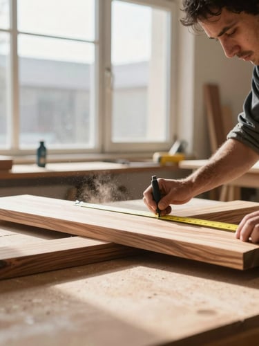 A professional carpenter measuring a raw walnut wood plank in a bright workshop, natural light pouring through large windows, dust particles visible in the air, 35mm lens
