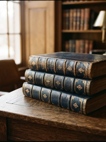 Medium close-up of leather-bound legal codes on a structured wooden desk, soft warm window light, deep navy and gold tones, shallow depth of field, 35mm