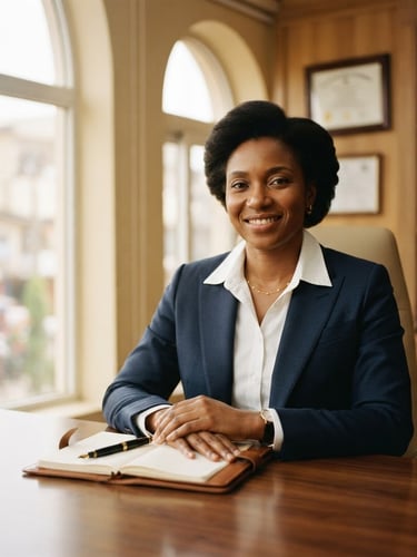 Elegant professional portrait of a West African lawyer in a deep navy suit, soft natural window light, warm sand-gold office background, 35mm editorial photography