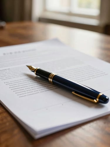 Close-up of structured legal documents and a classic fountain pen resting on a heavy oak desk, warm natural window light, shallow depth of field, professional editorial style