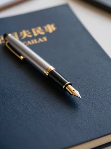 Close-up of elegant fountain pen resting on official legal documents, soft side lighting, deep slate and warm gold tones, sharp focus, 35mm lens.