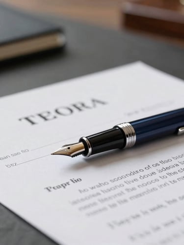 Close-up of elegant fountain pen resting on signed legal contract, warm side lighting, dark slate desk, professional depth of field